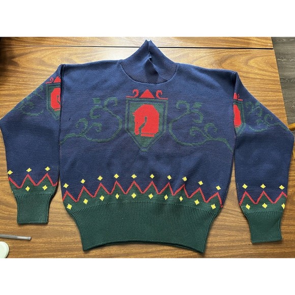Vtg Pendleton Womens Horse Crest Mock Turtleneck Sweater Blue Red Sz M - Picture 2 of 10